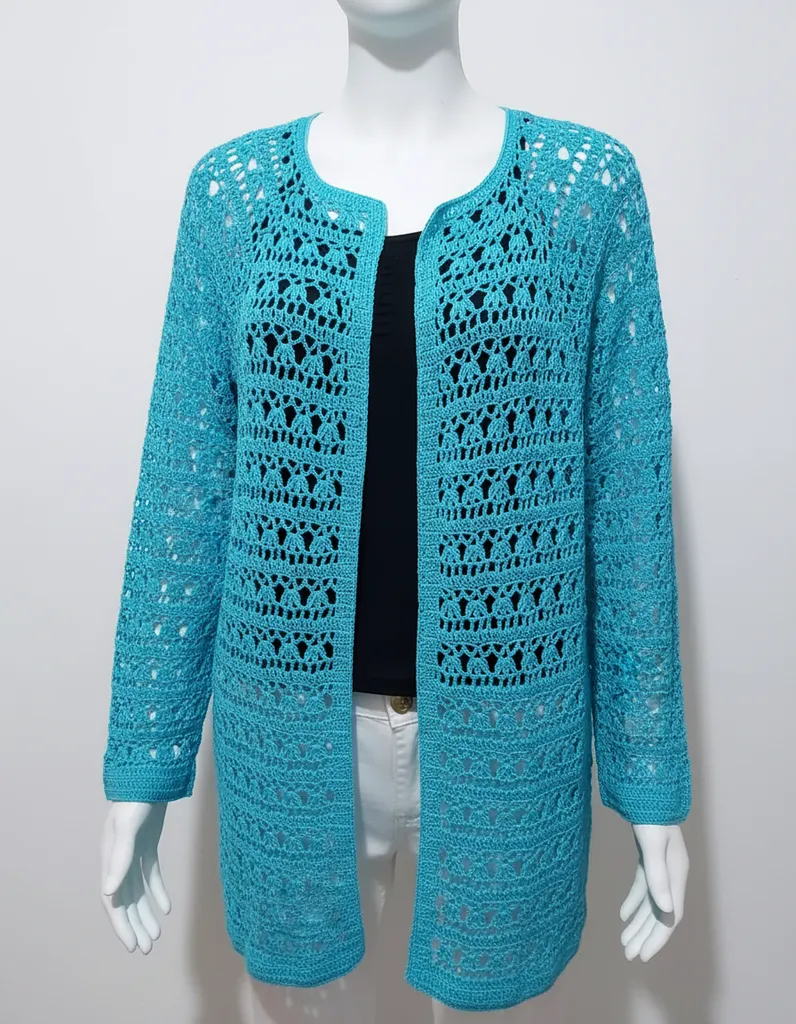 Turkuaz Renkli Tığ İşi Ajurlu Hırka - El Emeği Göz Nuru