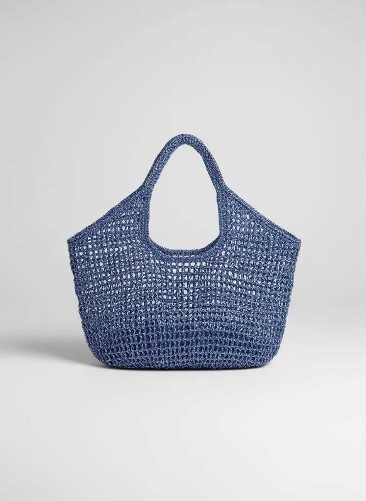 Metalik Mavi File Çanta - El İşçiliği Metalik Kağıt İp Örgü