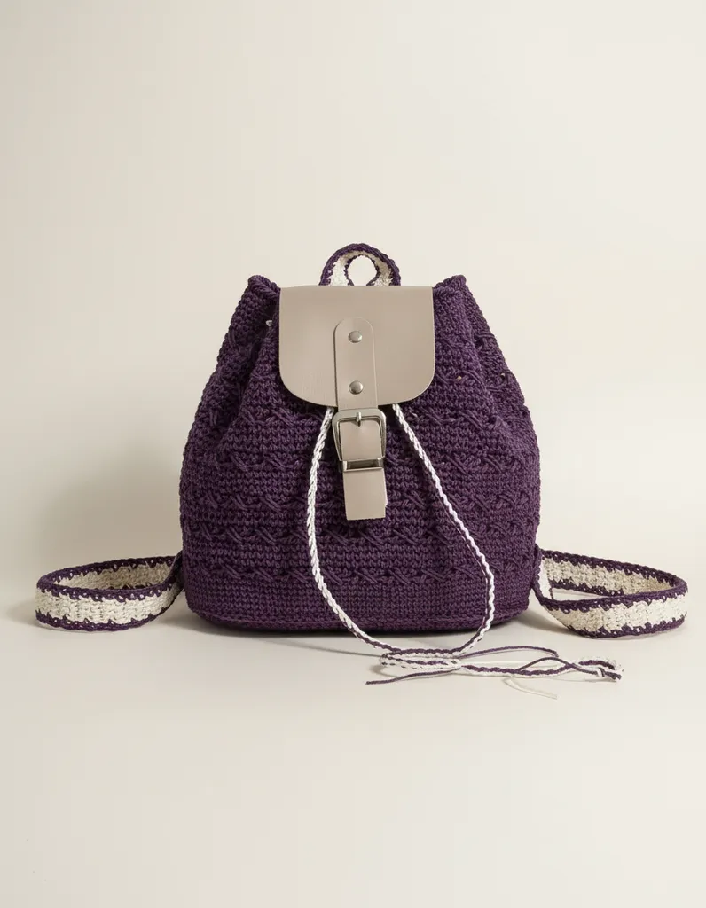 Mor Kağıt İpten Örme Sırt Çantası - Deri Detaylı, Büzgülü ve Astarlı