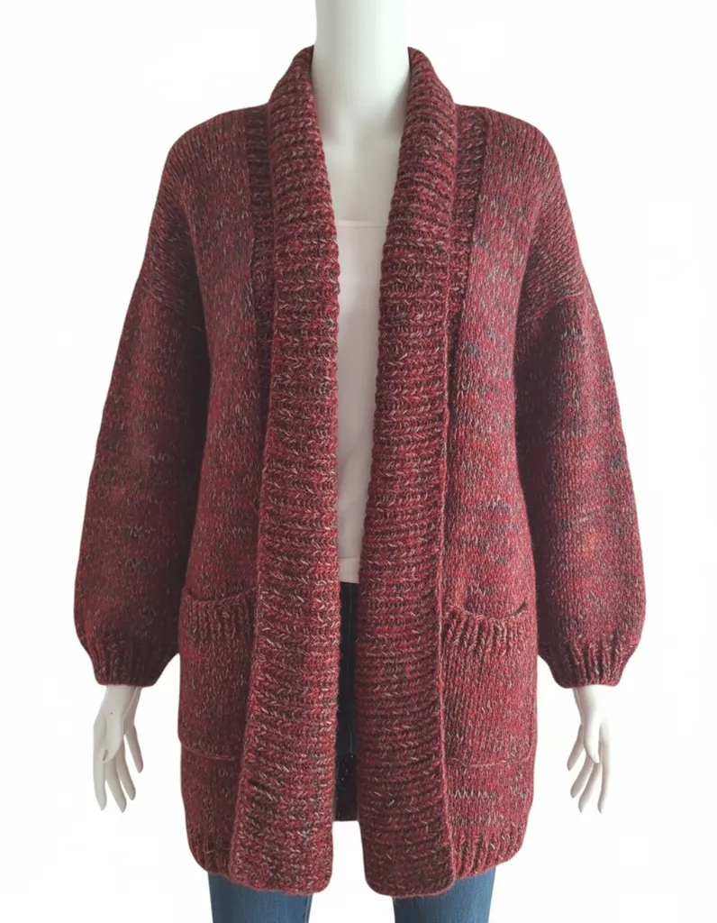 Renkli Yün Örgü Hırka - Şal Yaka, Cepli, 38-40 Beden Uyumlu