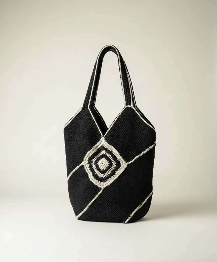 Siyah Makrome Örgü Omuz Çantası - Motif Detaylı Bulmaca Model