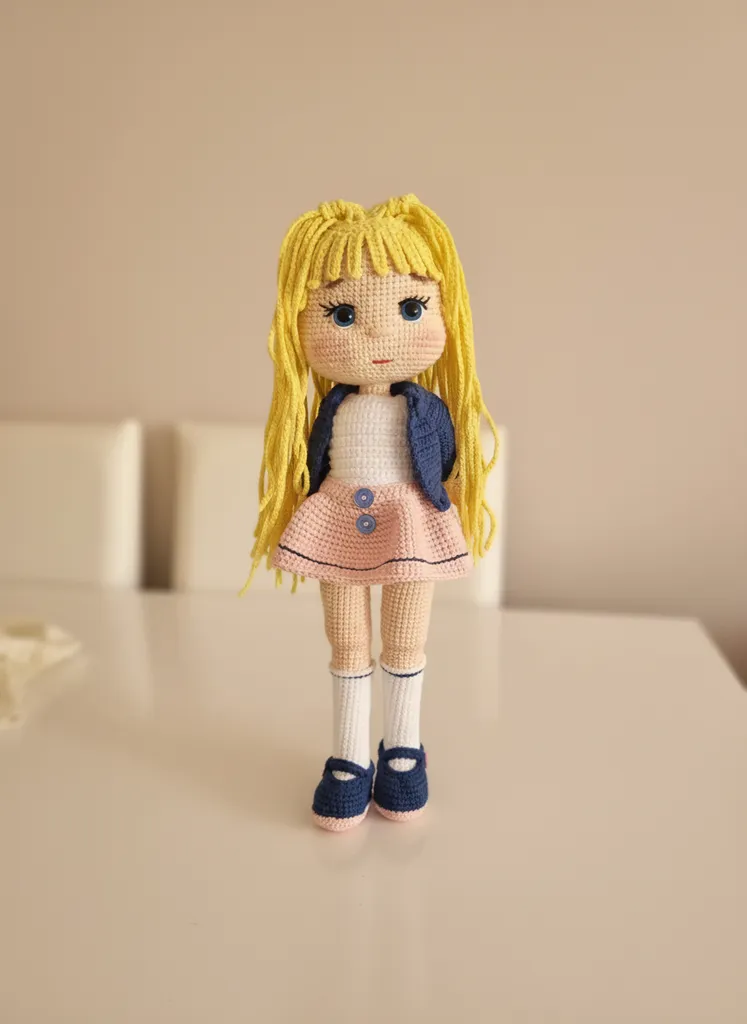 Örgü Eftelya Bebek - 38 cm Boyunda, Sarı Saçlı, Mavi Gözlü Oyuncak Bebek