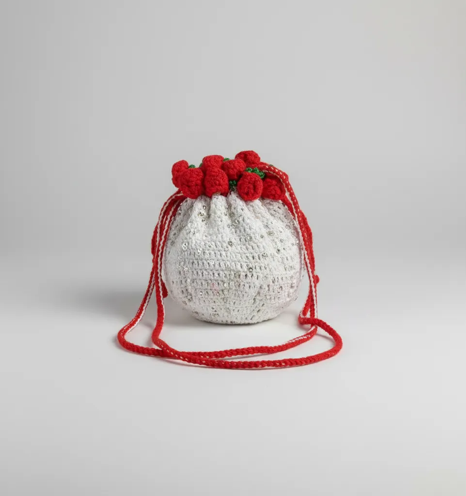 Beyaz Örgü Gelin Çantası - Kırmızı Güllü, Pullu, İpli Detaylı - El Emeği