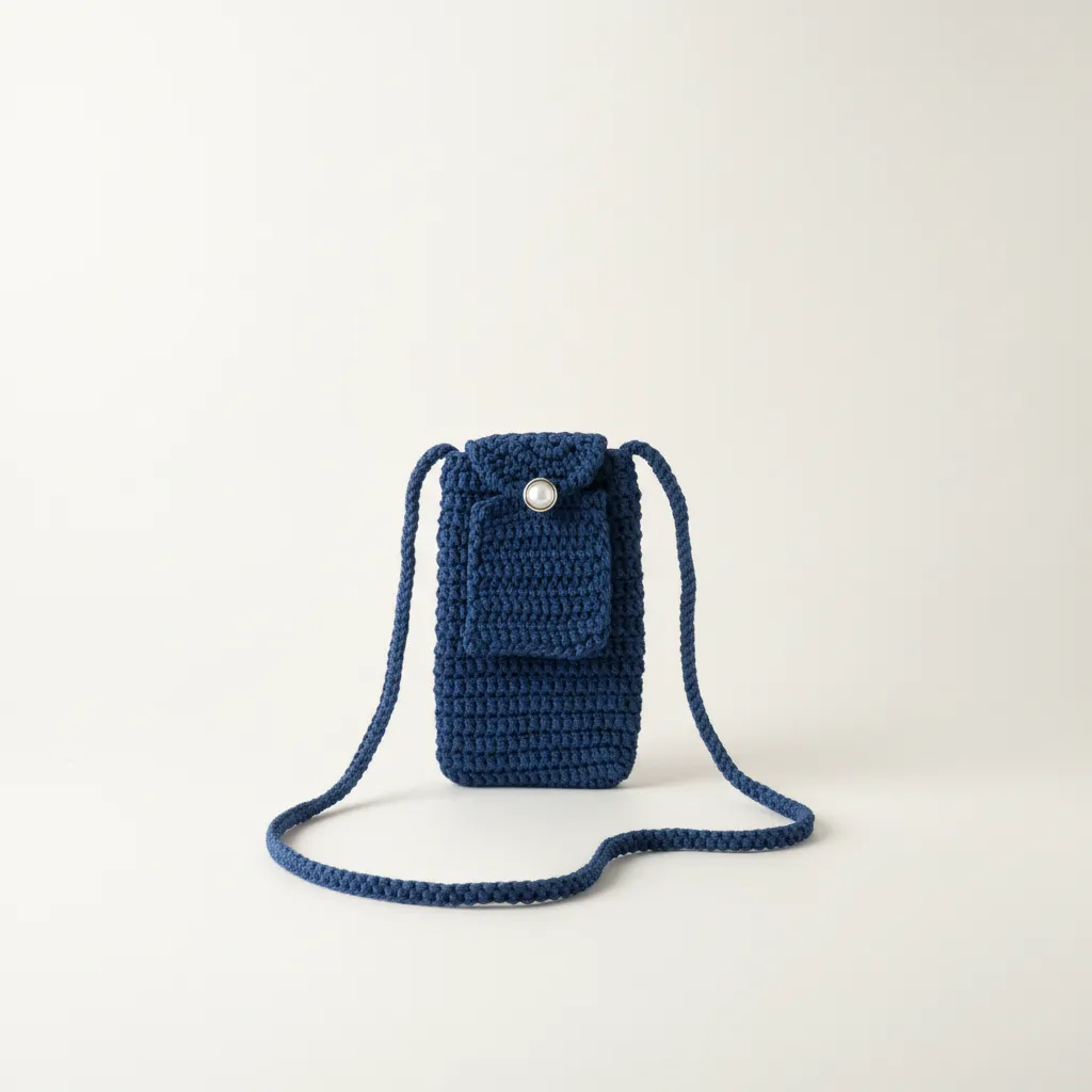 Lacivert Örgü Mini Telefon Çantası - Cepli Kapaklı, Çıtçıtlı, El Emeği