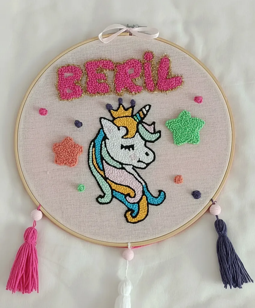 Punch Nakışı Unicorn Duvar Panosu - İsim Yazılı, El Yapımı