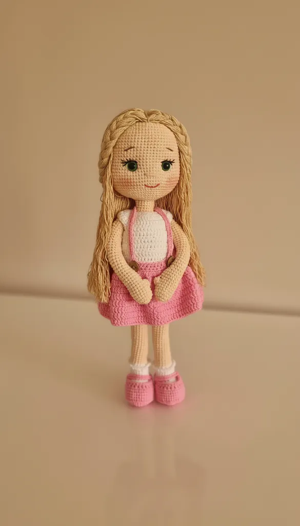 Örgü Bebek Oyuncak - Pembe Elbiseli, Sarı Saçlı Şirin Kız Bebek