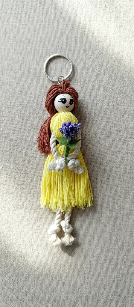 Makrome Bebek Anahtarlık Çanta Aksesuarı - Sarı Elbise ve Çiçek Demeti