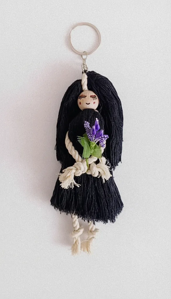 Macrame Baby Keychain - Black Haired Bag Accessory - Handmade