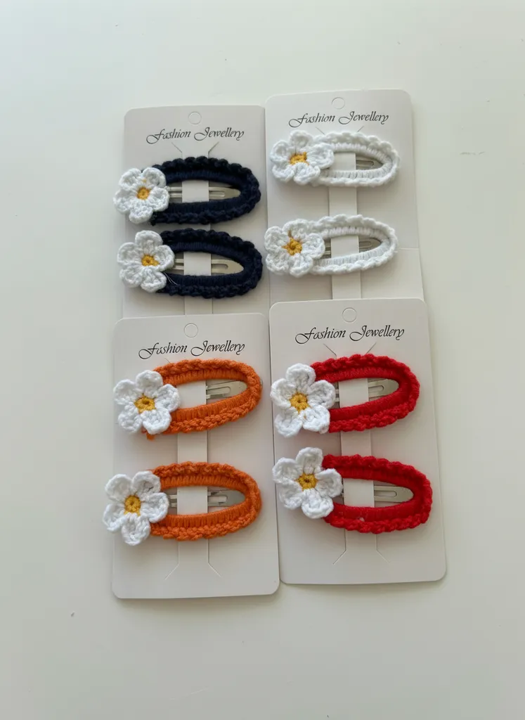 Crochet Daisy Pattern Hair Clip Set - Handmade Baby Hair Accessory