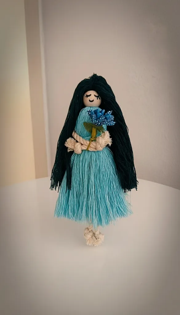 Macrame Baby Keychain - Black Hair, Turquoise Dress, Handmade