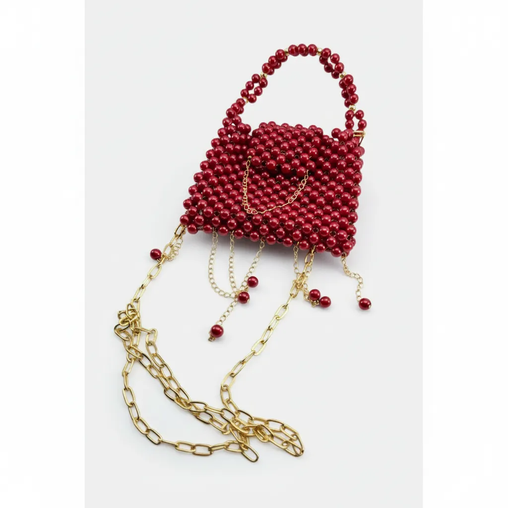 Kırmızı Boncuklu Zincir Detaylı Omuz Çantası - El Yapımı Şık Tasarım