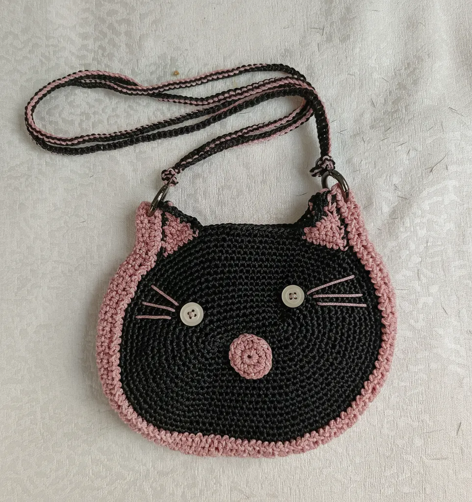 Siyah ve Pembe Hello Kitty Örgü Çanta - Astarlı ve El Emeği