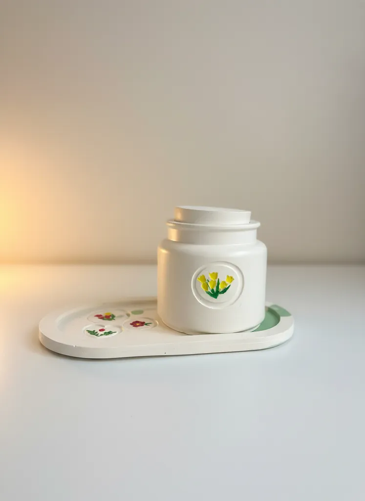 Beyaz Seramik Çiçek Desenli Dekoratif Mum ve Saklama Kabı - El Yapımı