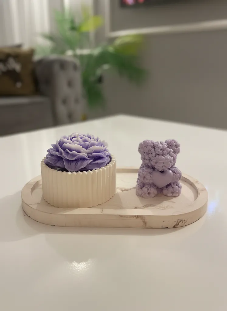 Lila Soyawax Mum Seti - Çiçek ve Ayıcık Temalı Dekoratif