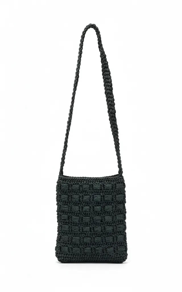 Siyah Örgü Dama Desen Omuz Çantası - El Emeği Tasarım