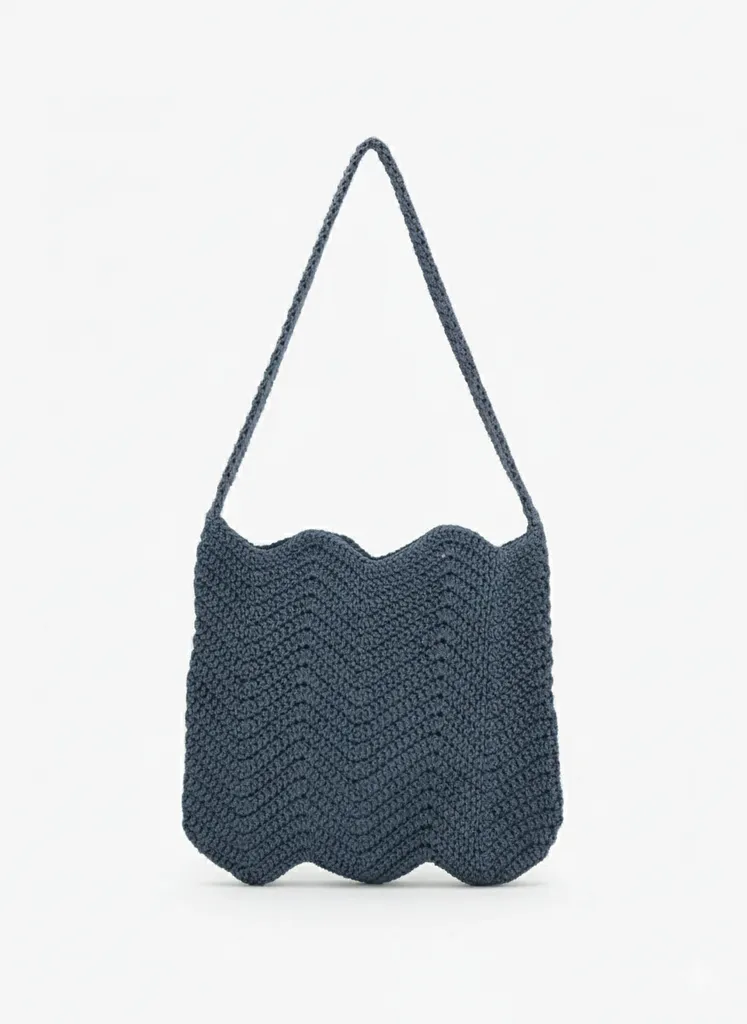 Dalgalı Model Örgü Omuz Çantası - Gri Renk - El Emeği