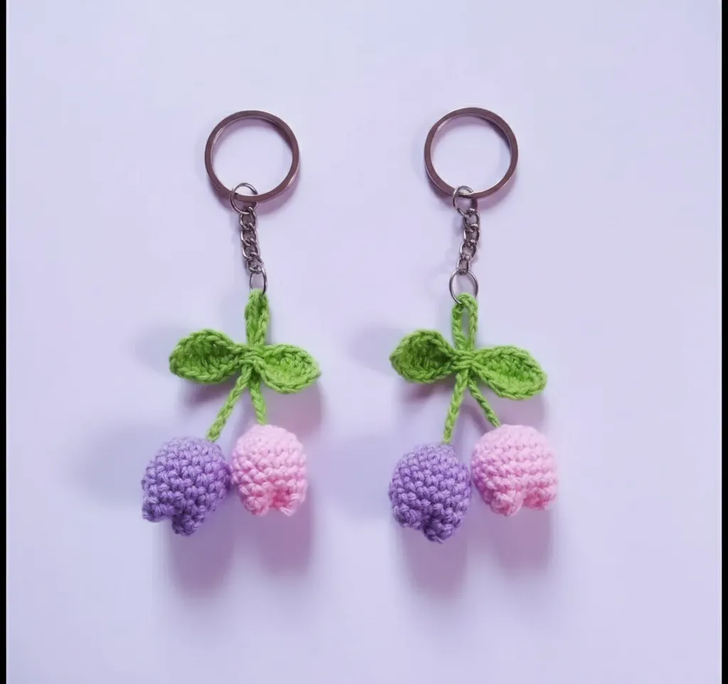 Crocheted Tulip Bouquet Keychain - Pink and Purple - Handmade