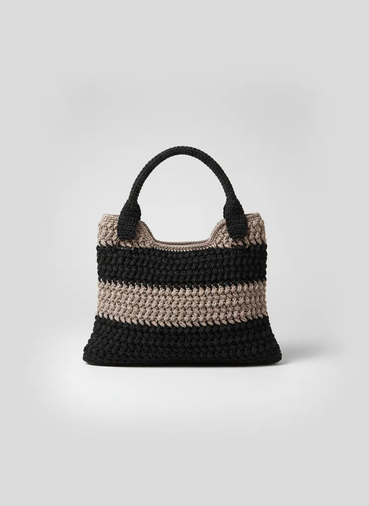 Siyah ve Bej Renkli Makrome Örgü Omuz Çantası - El Emeği