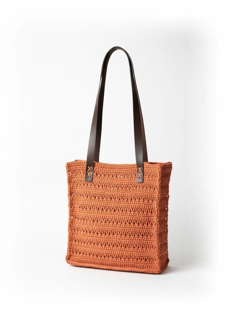 Turuncu Kağıt İp Örgü Omuz Çantası - Büyük Boy Hasır Görünümlü
