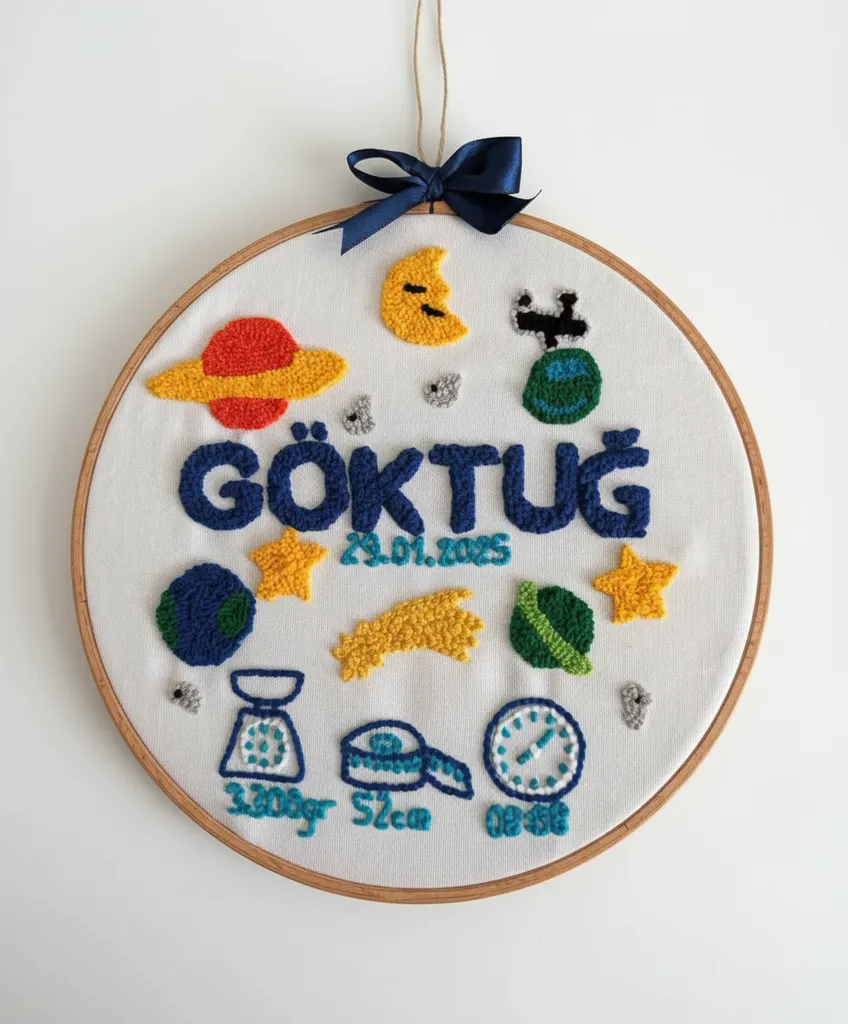 Sky Themed Punch Needle Baby Birth Announcement Hoop - Embroidered with Name and Date