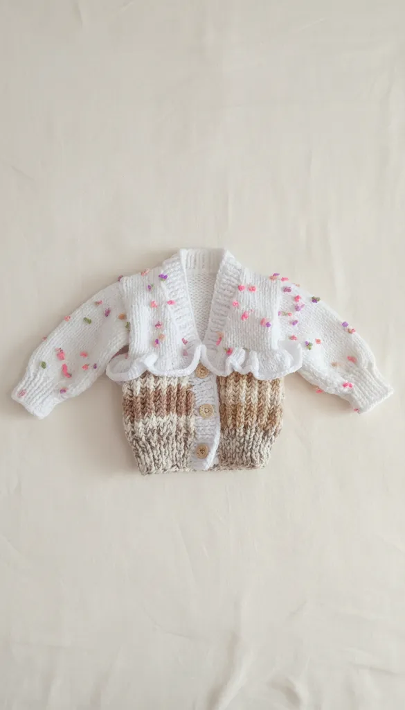 Örme Bebek Hırka - Krem ve Kahverengi Tonlarında, El Emeği