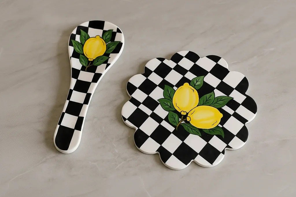 Lemon Patterned Ceramic Trivet and Spoon Rest Set - Handmade