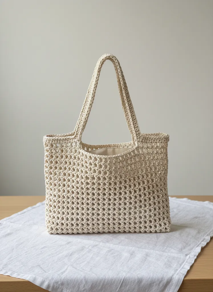 Krem Rengi Makrome Örgü Omuz Çantası - El Yapımı Tasarım