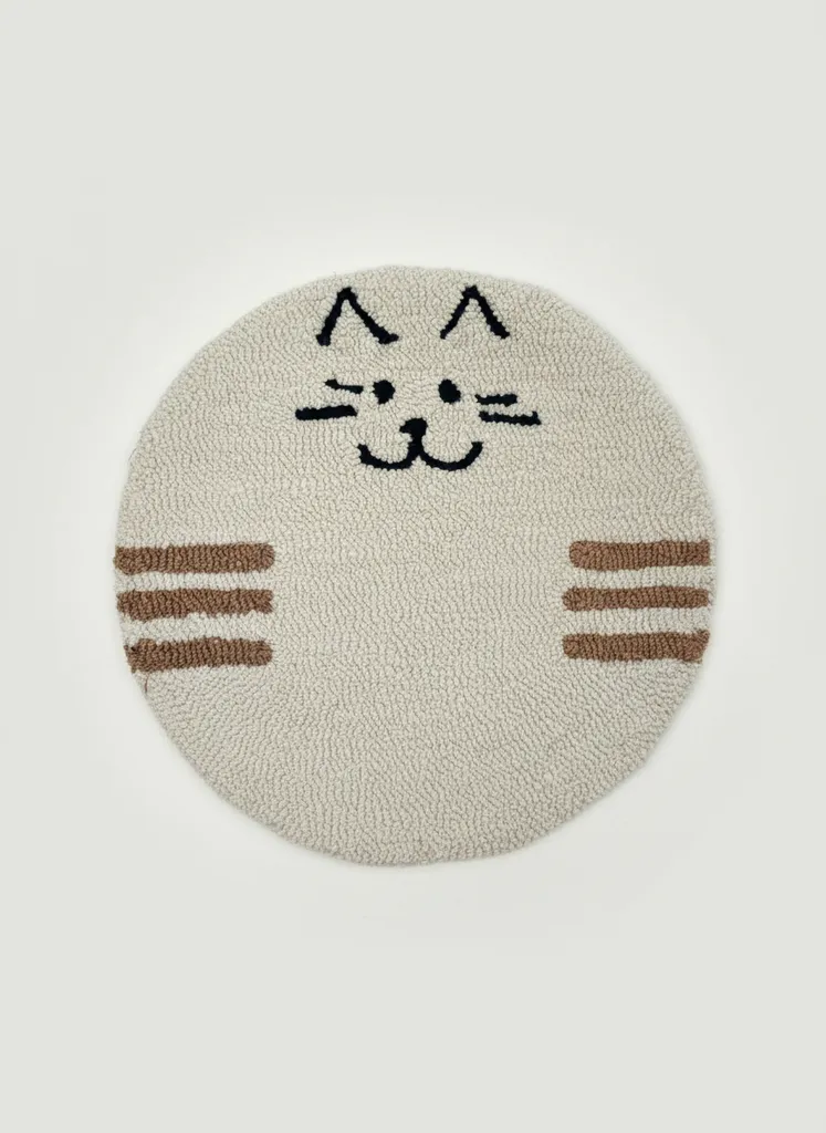 El Örgüsü Kedi Desenli Yuvarlak Tabure Minderi - Krem ve Kahverengi 38 cm