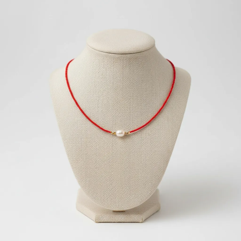 Red Sand Bead Pearl Detailed Necklace - Minimalist Design