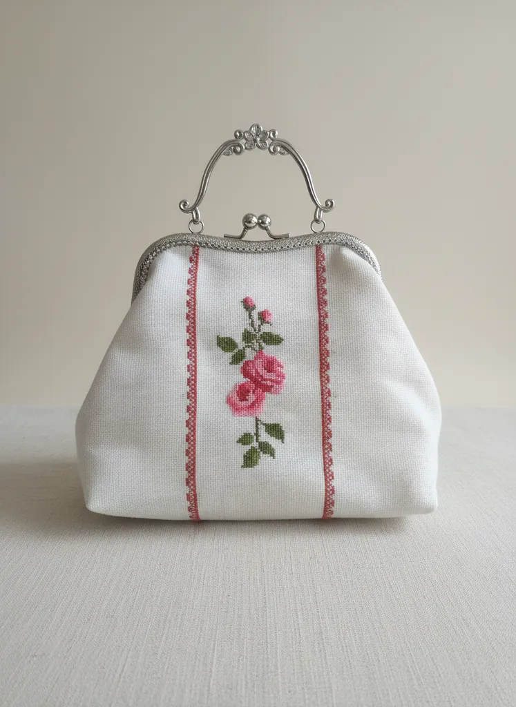Cream Linen Canvas Embroidered Bag - Steel Handle, Ottoman Silk Lined
