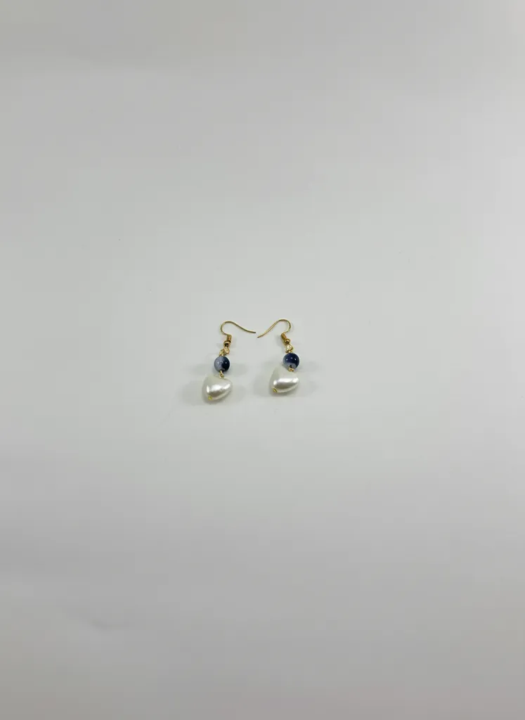 Gold-Colored Women's Earrings with Pearl and Blue Stone Detail