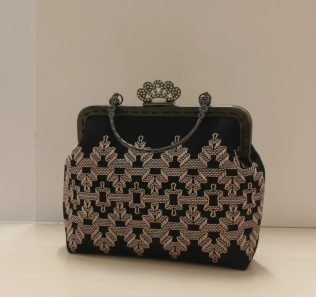 Siyah El Nakışlı Vagonite Çanta - Özel Tasarım Şık Aksesuarlı