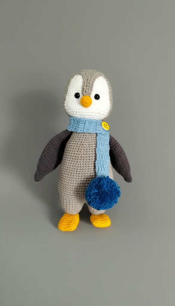 Örgü Penguen Oyuncak - Mavi Atkılı, Sarı Ayaklı, El Emeği