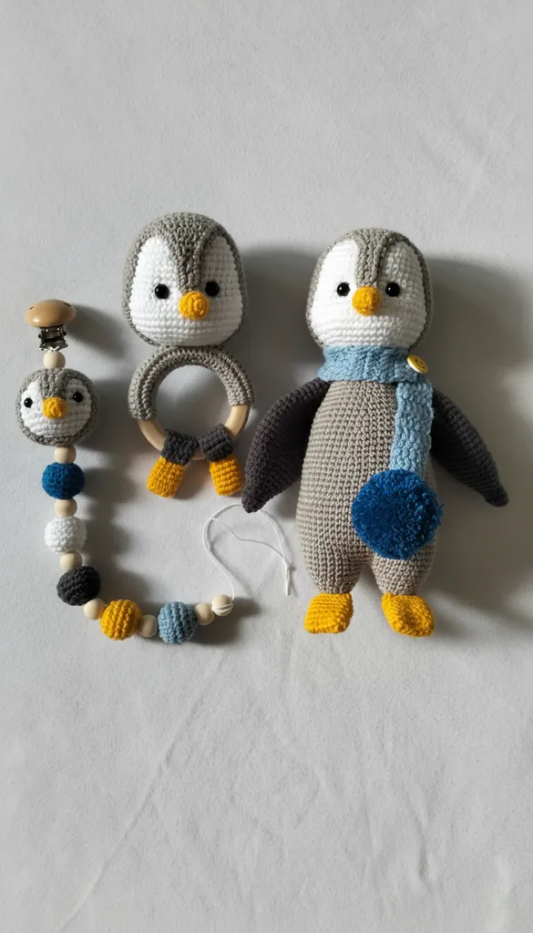 Örgü Penguen Oyuncak Seti - Bebek Çıngırak ve Emzik Zinciri