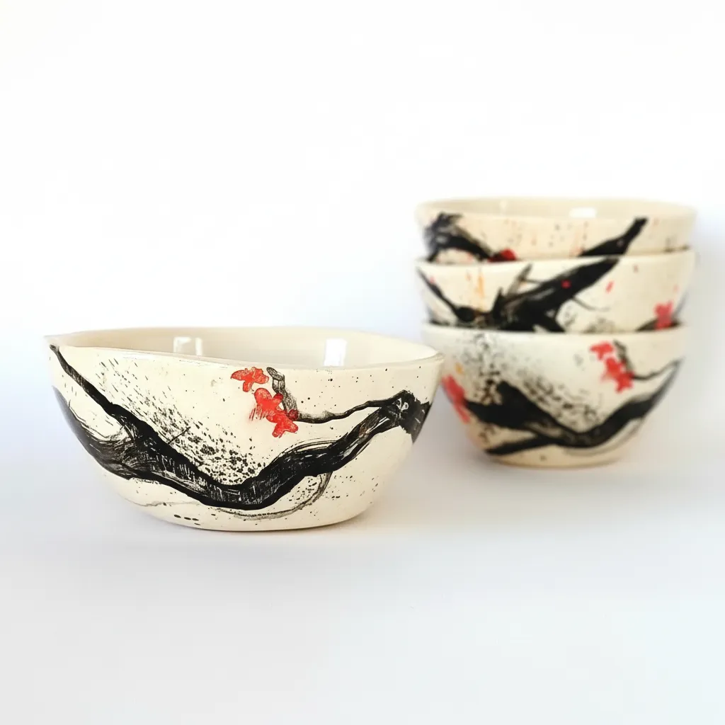Kiraz Çiçeği Desenli Seramik Kase - Japon Tarzı, 15 cm Çap