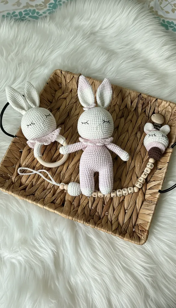 Amigurumi Uyku Arkadaşı Tavşan Bebek Seti - Çıngırak ve Emzik Zinciri