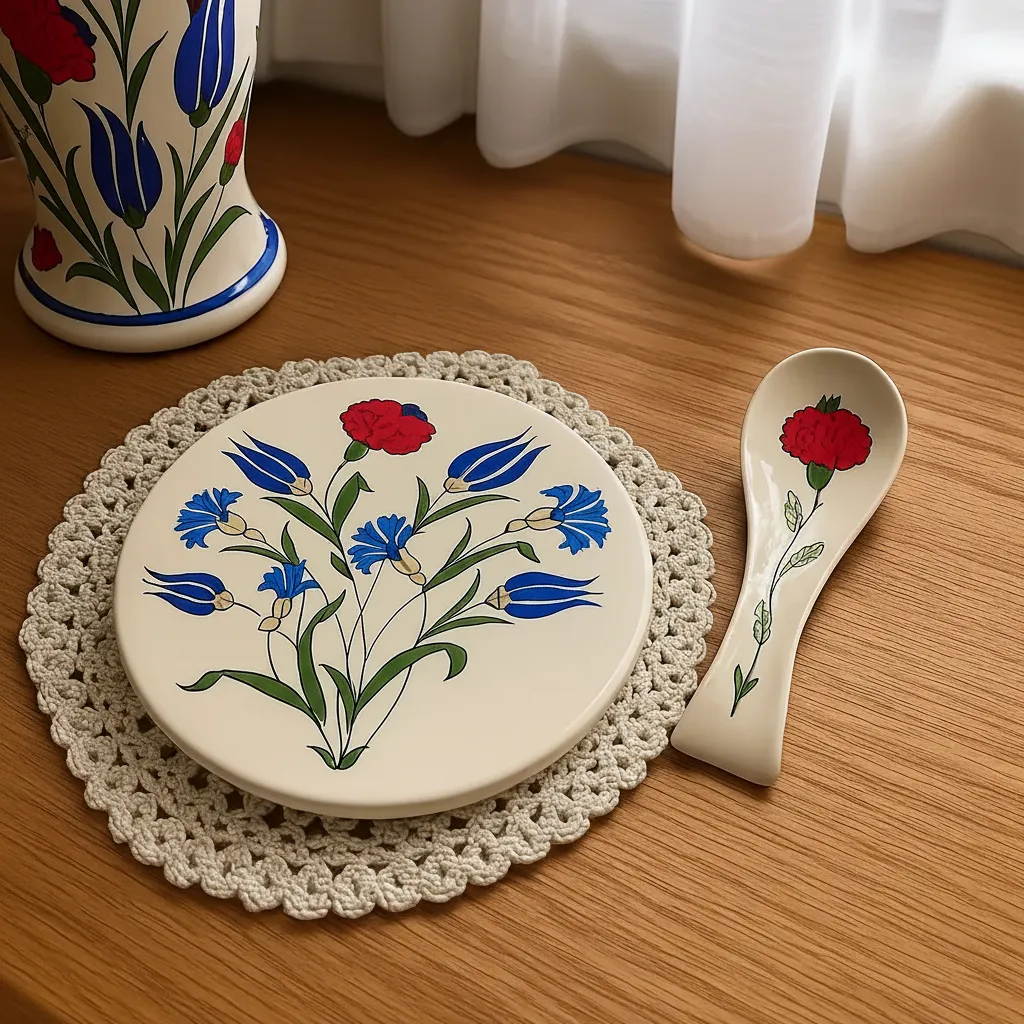 Seramik Nihale ve Kaşıklık Seti - Geleneksel Desenli 2'li Mutfak Seti