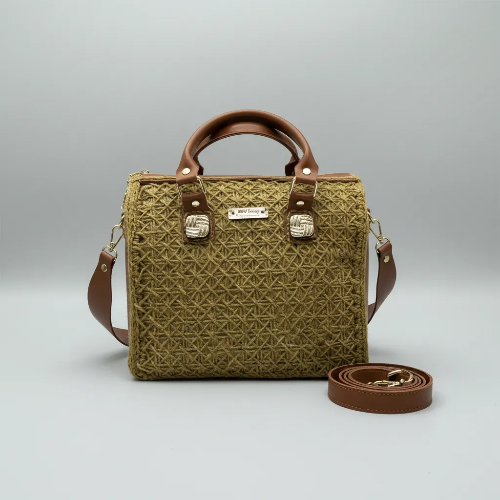 Jüt İp Örgü Kahverengi Deri Detaylı El Emeği Lüks Çanta