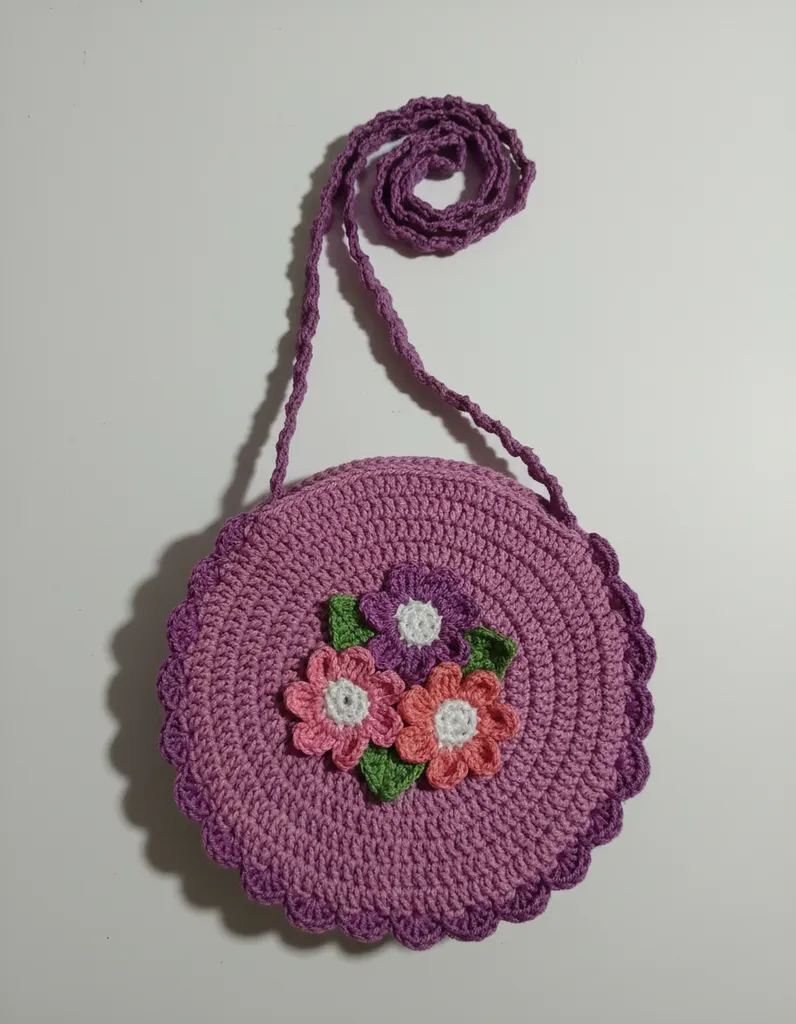 Mor Renkli Örgü Çocuk Çanta - Çiçek Detaylı - El Emeği