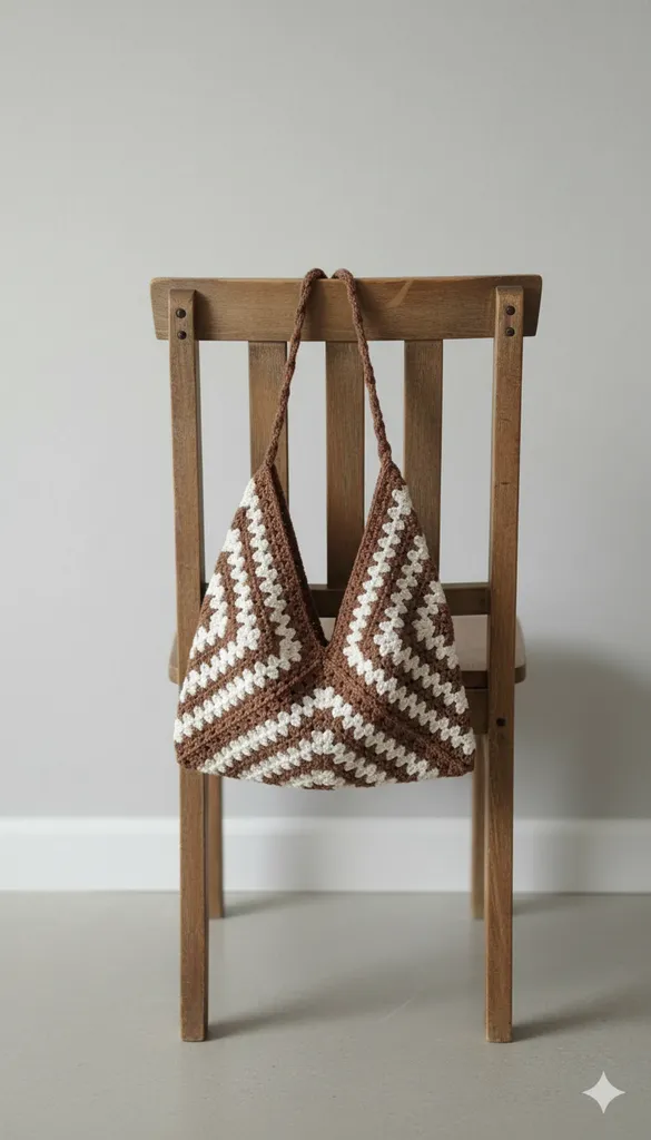 Makrome Örgü Salaş Heybe Çanta - Kahve Krem Renkli, Geniş Hacimli