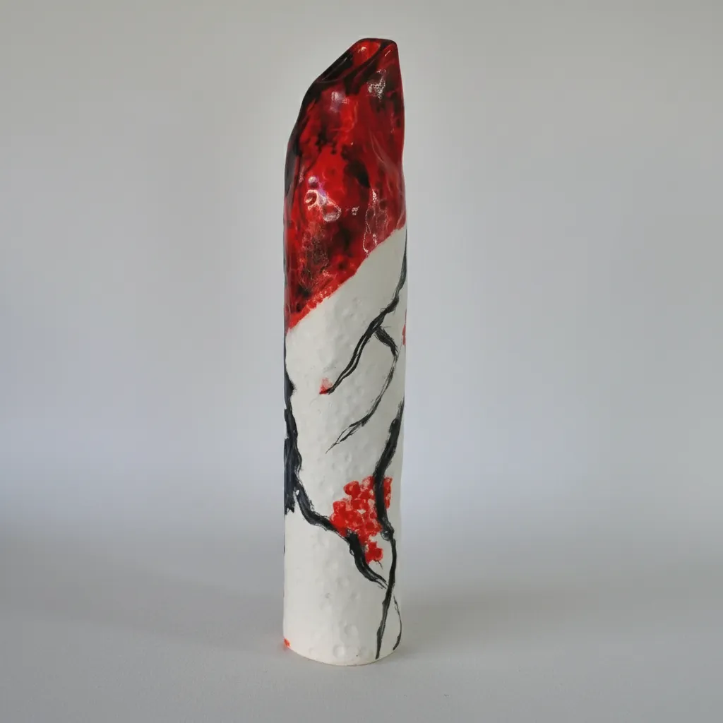 Kırmızı Kiraz Çiçekleri Desenli Seramik Tasarım Dekoratif Vazo (30cm)