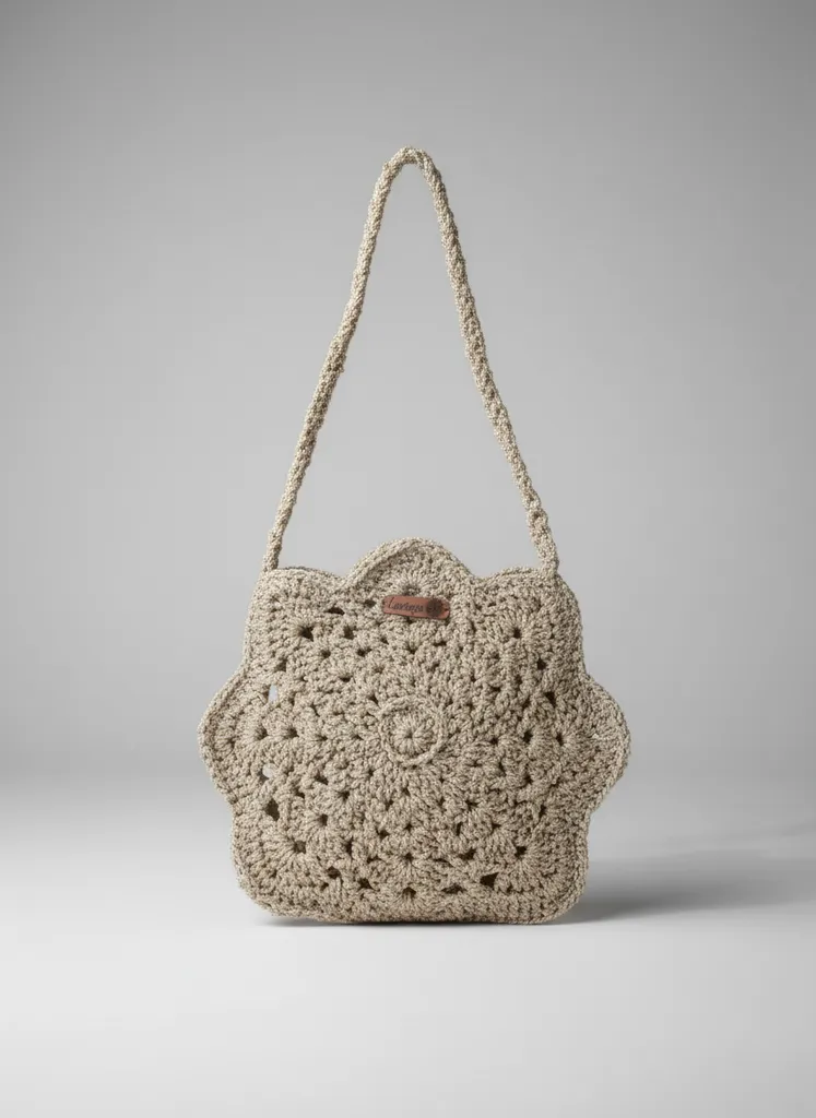 Cream Glitter Star Pattern Macrame Knitted Shoulder Bag - Handmade