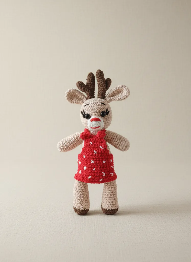 Örgü Oyuncak Geyik Bebek - Kırmızı Elbiseli Amigurumi Oyuncak
