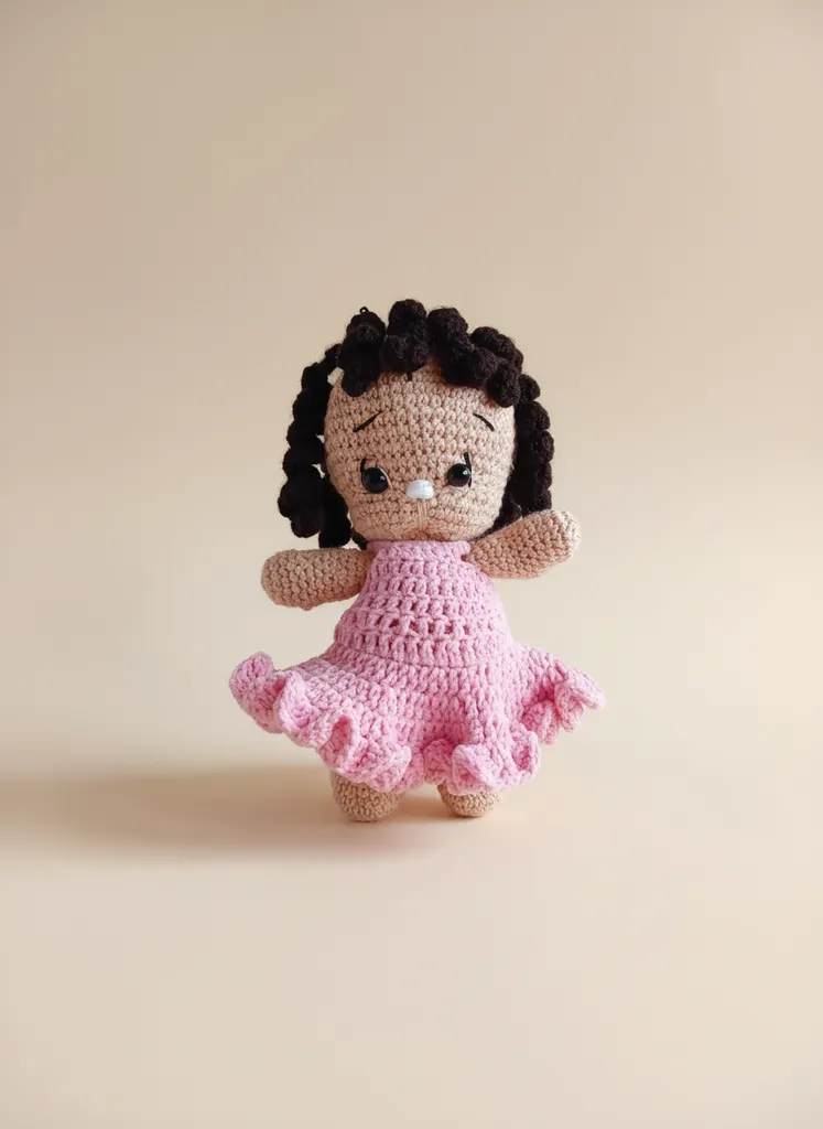 Pembe El Örgüsü Elbise Giyen Amigurumi Bebek Oyuncak (25cm)