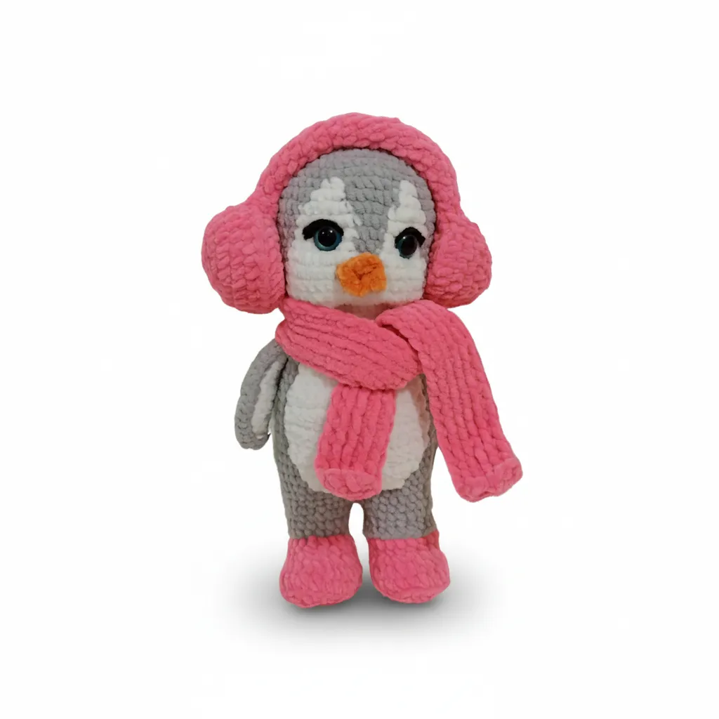 Pembe Aksesuarlı Örgü Penguen Oyuncak Bebek - El Emeği