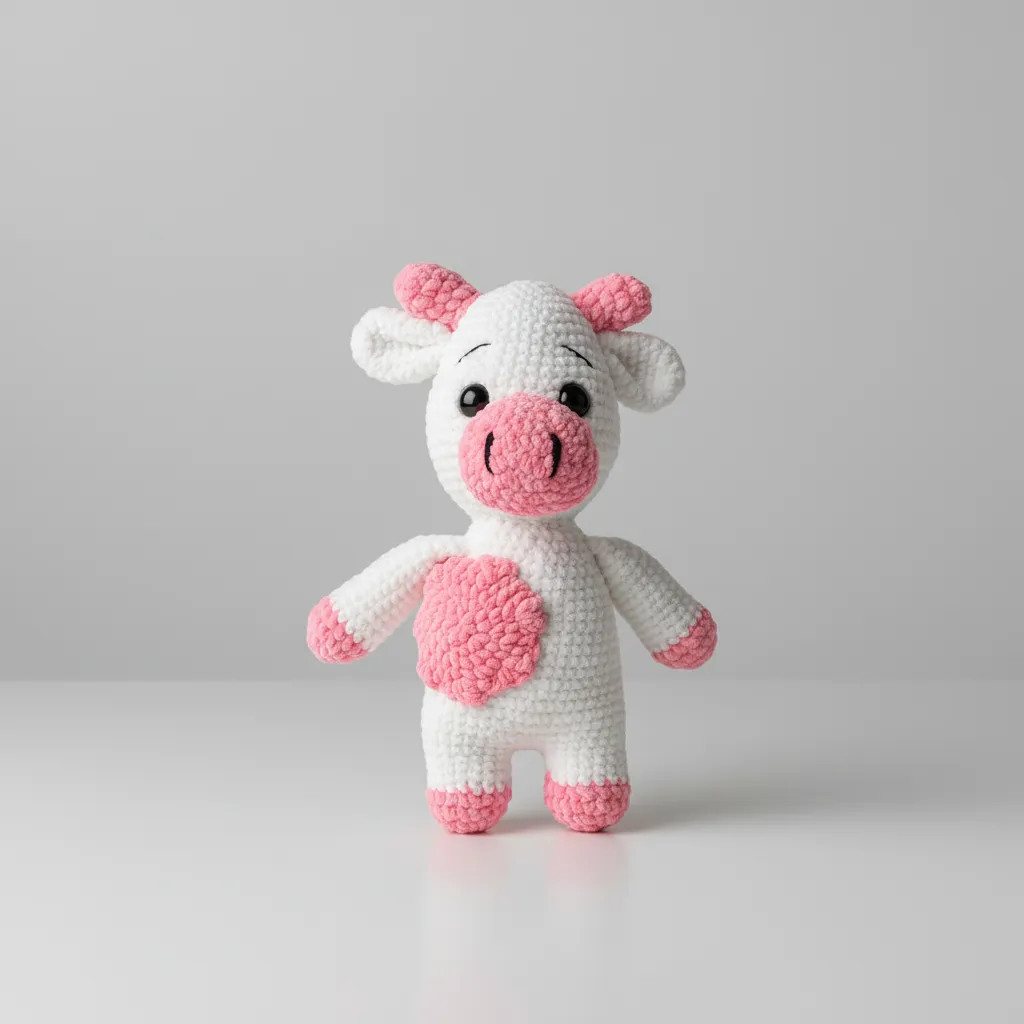 Beyaz ve Pembe Örgü Oyuncak İnek - Kadife İpten El Emeği
