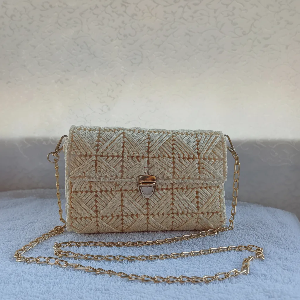Krem Rengi Makrome Örgü Omuz Çantası - Zincir Askılı El Emeği