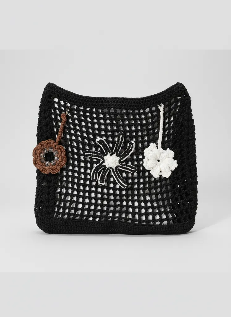 Siyah Örgü File Çanta - Çiçek Detaylı, Şık ve Kullanışlı