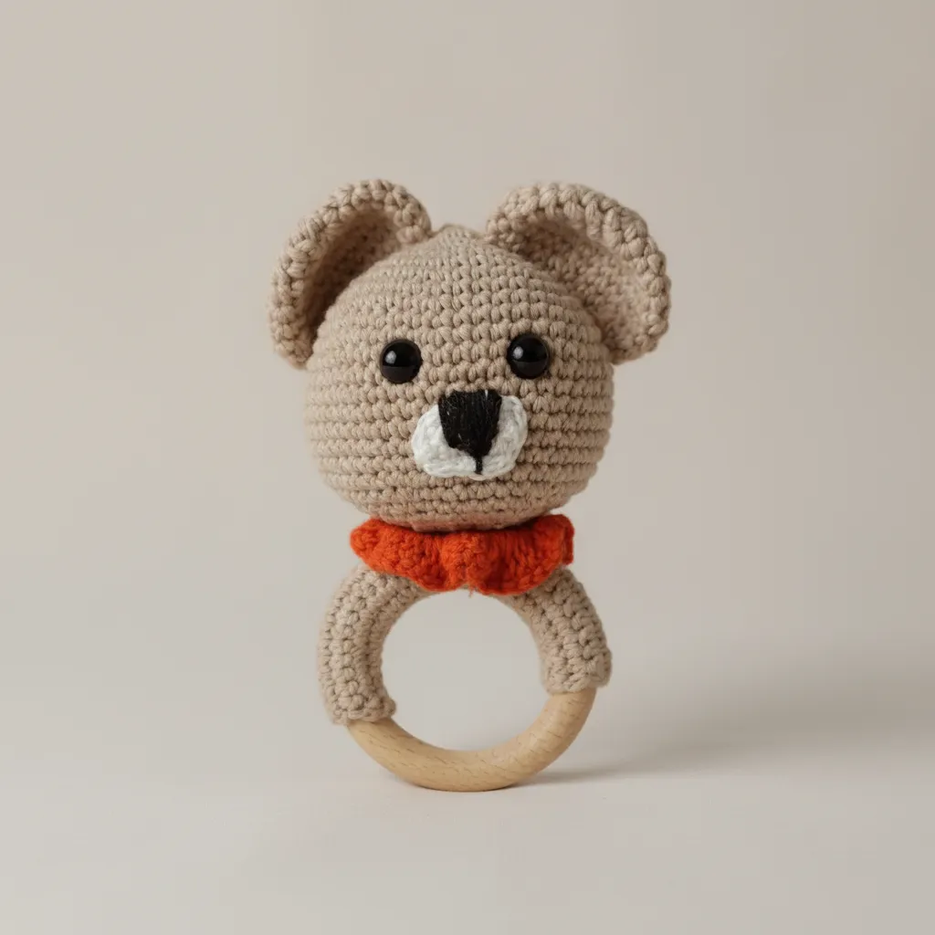 Knitted Teddy Bear Baby Rattle - Wooden Ring and Cotton Yarn