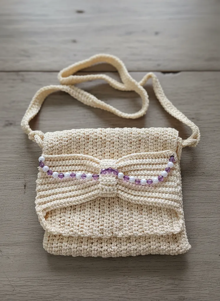 Krem Renkli Boncuk Detaylı Örgü Mini Çanta - El Örgüsü